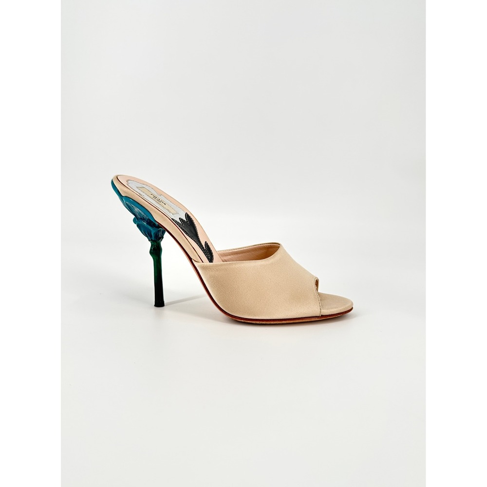 Prada SS2008 Satin Fairy Mules Champagne Teal Flower Trembled Blossoms Heel 36.5